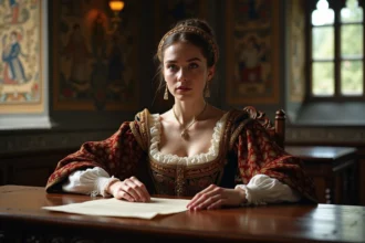 Dame Tudor en costume riche dans une chambre historique