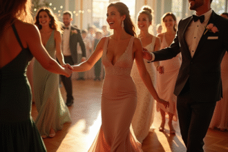 Groupe d'invites dansant la Madison lors d'un mariage