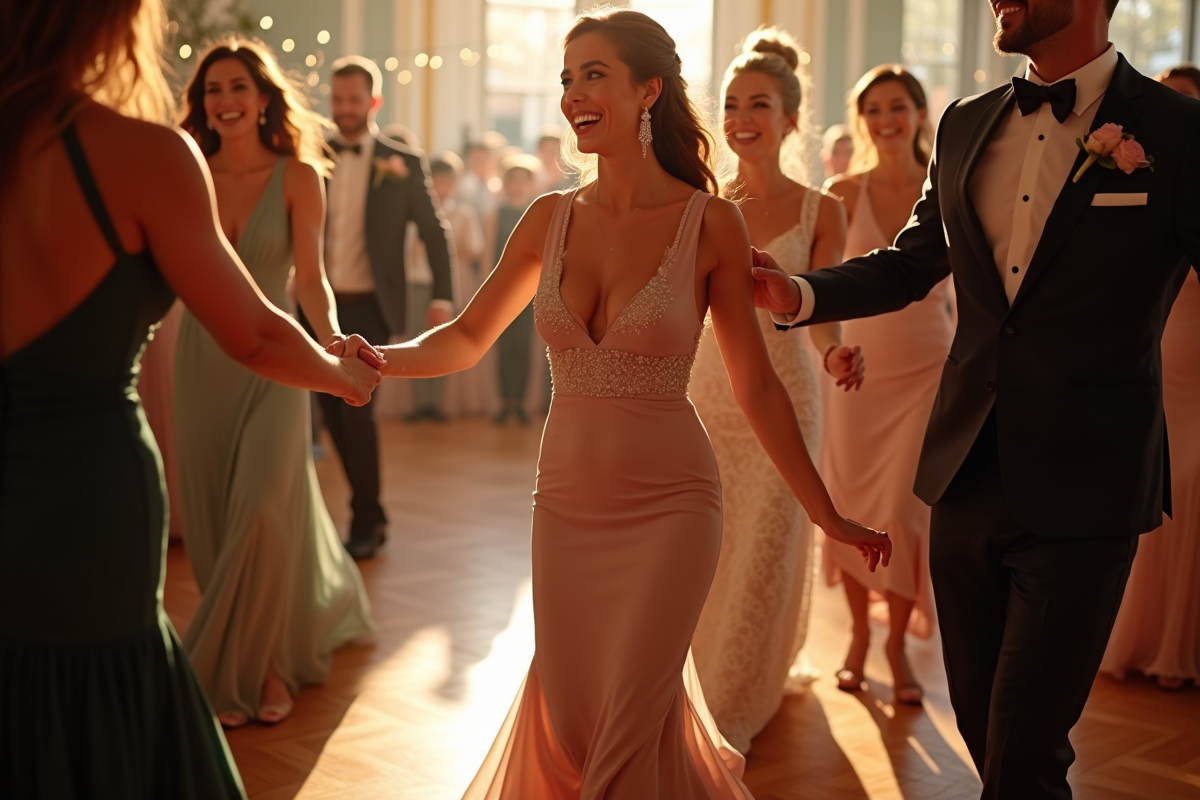 Groupe d'invites dansant la Madison lors d'un mariage