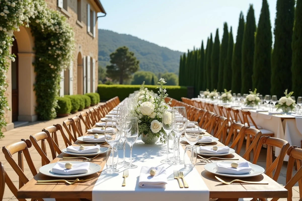 Décoration de table raffinée pour un mariage de luxe en plein air devant un château du Var, avec fleurs blanches, cristal et couverts dorés