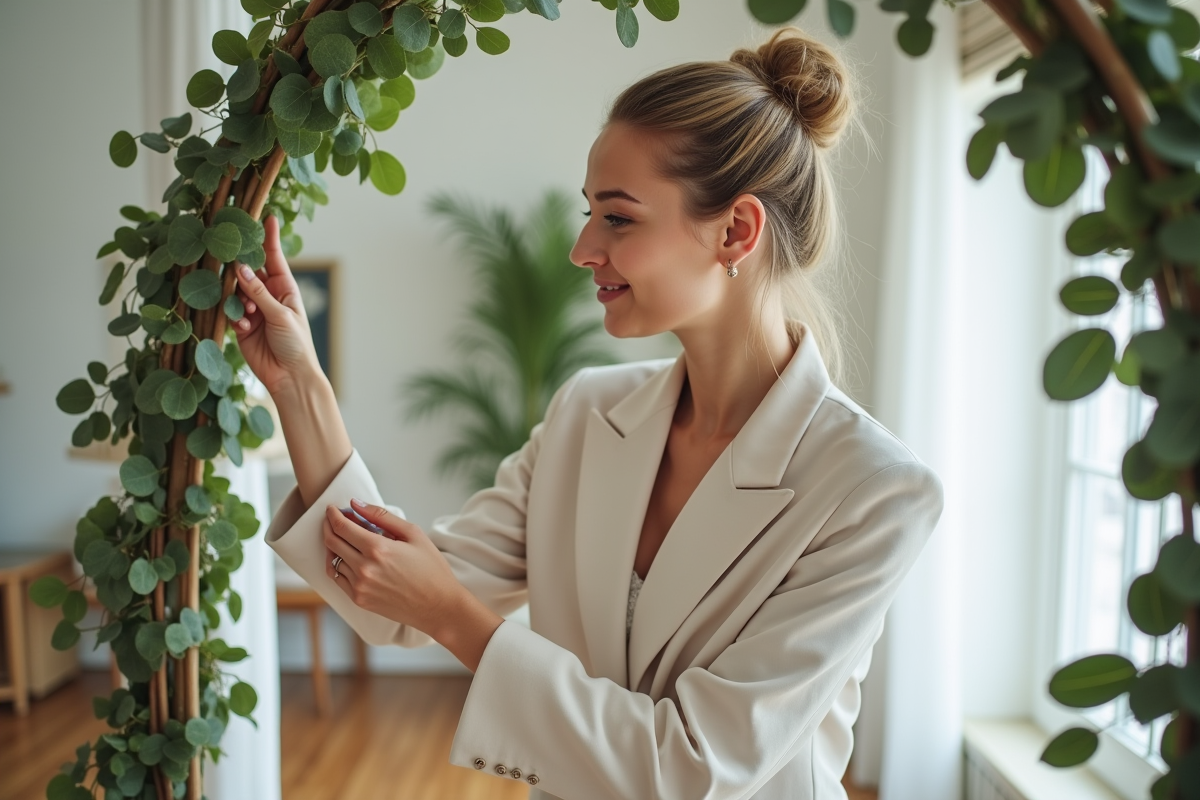 Jeune decoratrice de mariage arrangeant une guirlande d eucalyptus