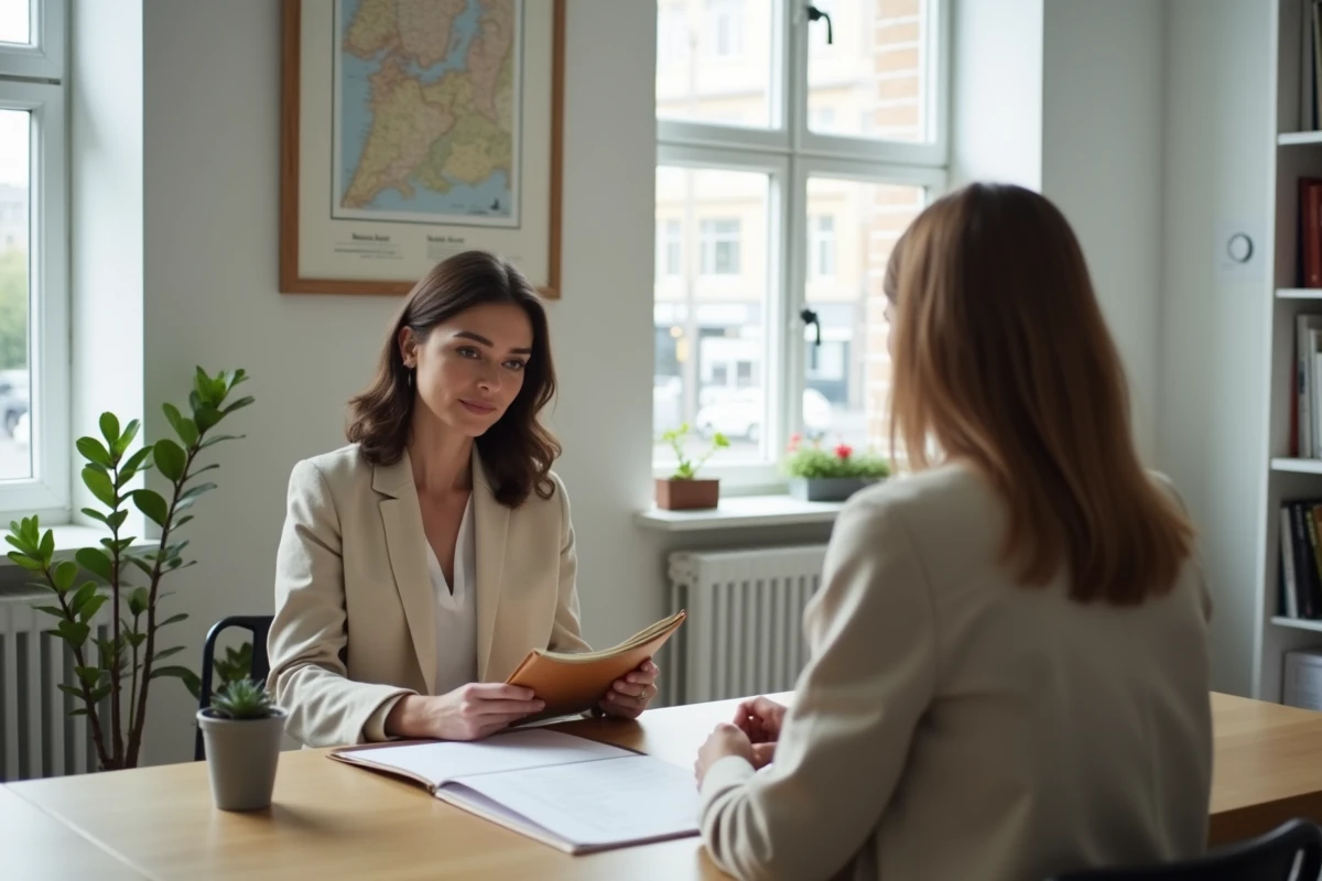 Femme française consultant un officier d'état civil danois dans un bureau municipal moderne de Copenhague pour organiser son mariage