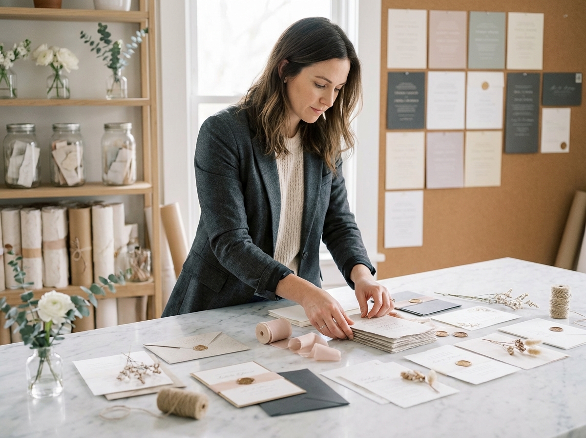 Designer professionnel arrangeant invitations de mariage sur un comptoir