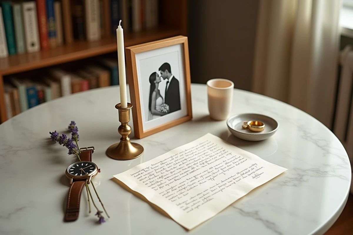 Détail d'une table souvenir pour un anniversaire de mariage de 22 ans avec alliance, lettre manuscrite et bougie