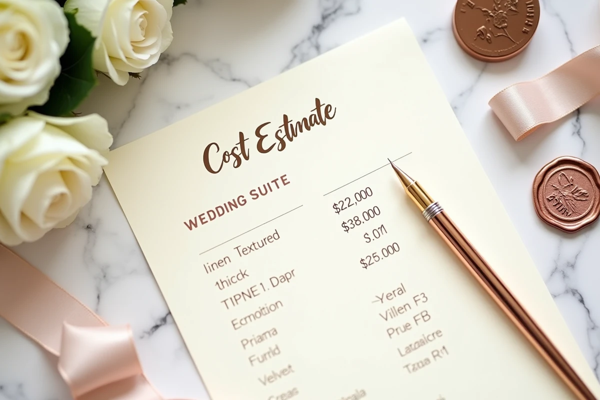 Détails d'un devis de wedding planner haut de gamme avec papeterie de mariage luxueuse sur marbre blanc