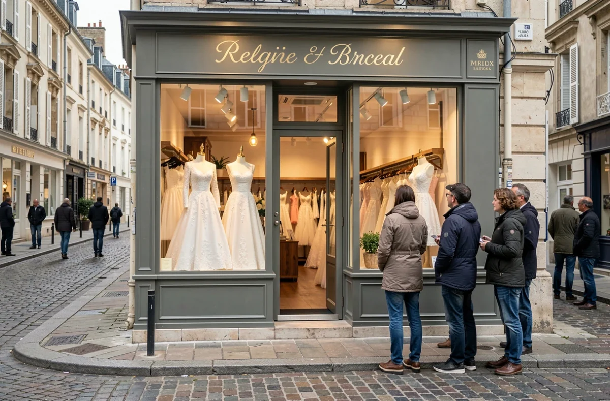 Vitrine élégante de la boutique Diamari exposant des robes de mariée sur une rue de ville dans les Hauts-de-France, reflétant sa forte notoriété locale