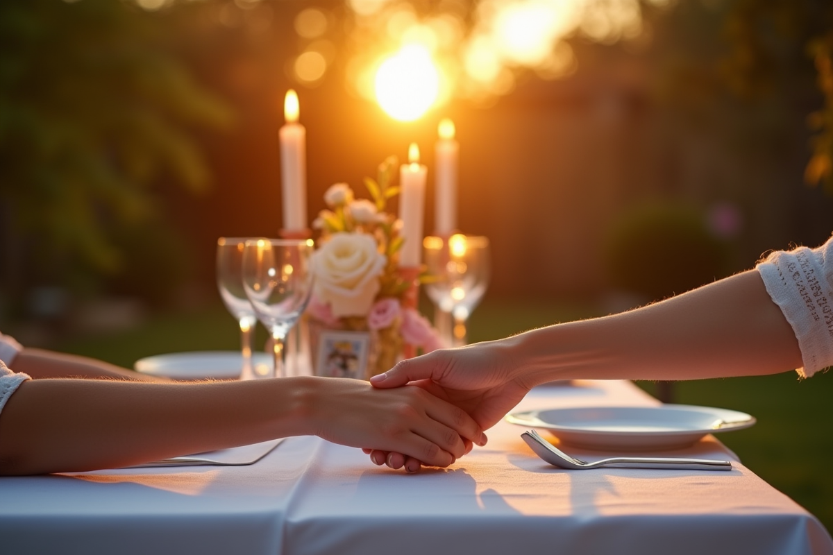 Dîner romantique en extérieur au coucher du soleil