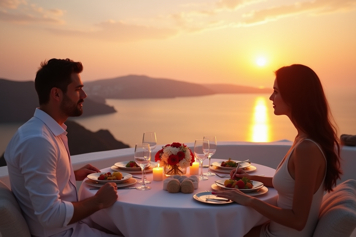 Dîner romantique sur un toit à Santorini au coucher du soleil
