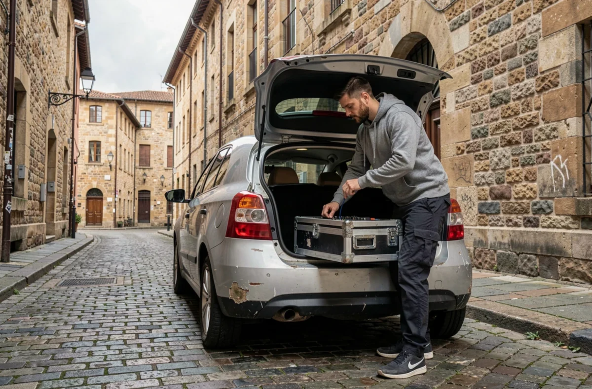 DJ lyonnais chargeant son matériel dans sa voiture pour une prestation de dernière minute dans le Vieux-Lyon