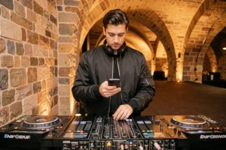 DJ lyonnais derrière sa table de mixage en train de répondre à une demande de réservation de dernière minute