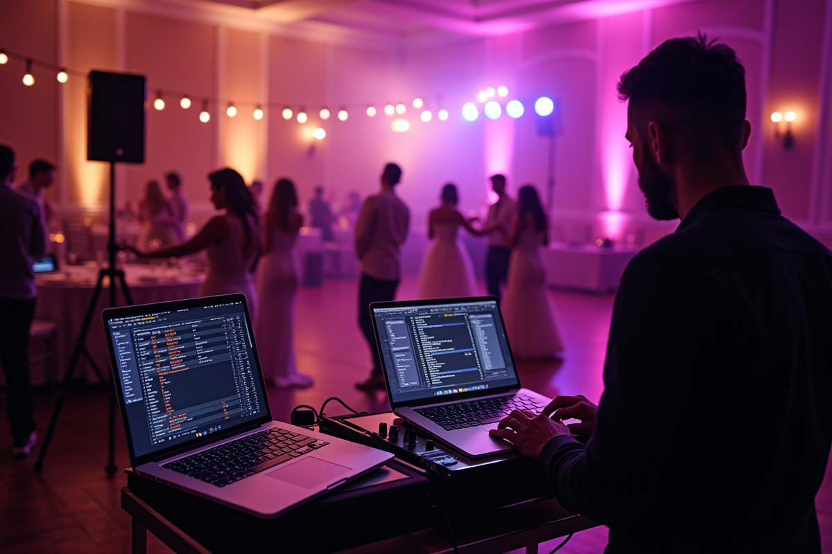 DJ ajustant la playlist sur un ordinateur portable lors du mariage