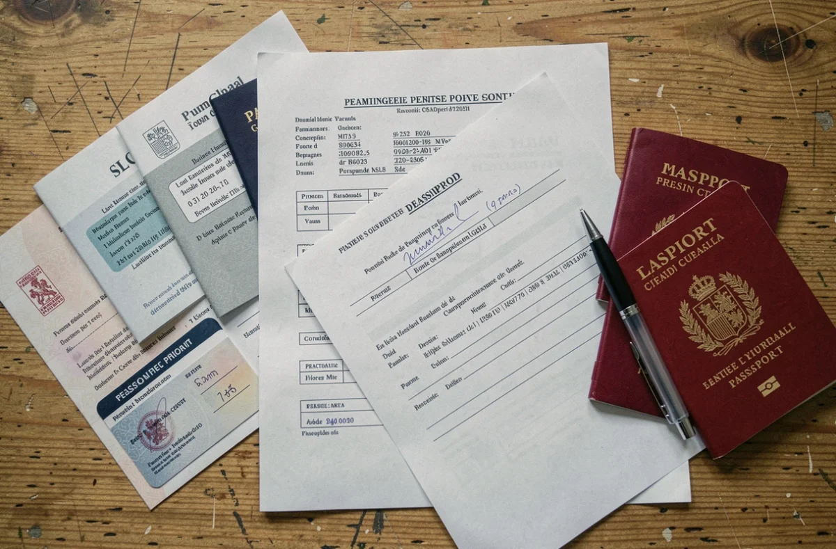 Documents administratifs pour un mariage à la mairie incluant passeports étrangers et formulaires officiels français