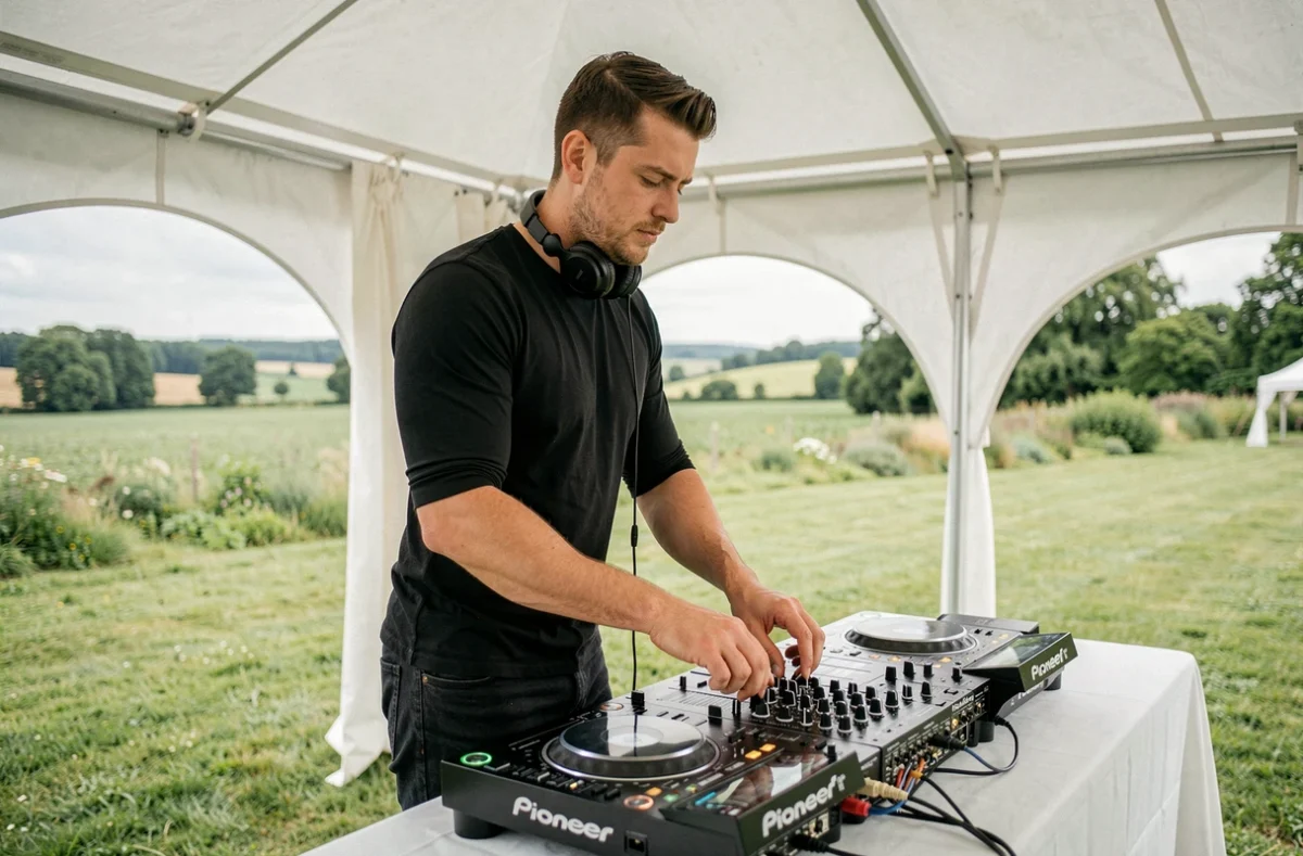 DJ DSonEvents derrière sa table de mixage lors d'un mariage en plein air dans le Nord