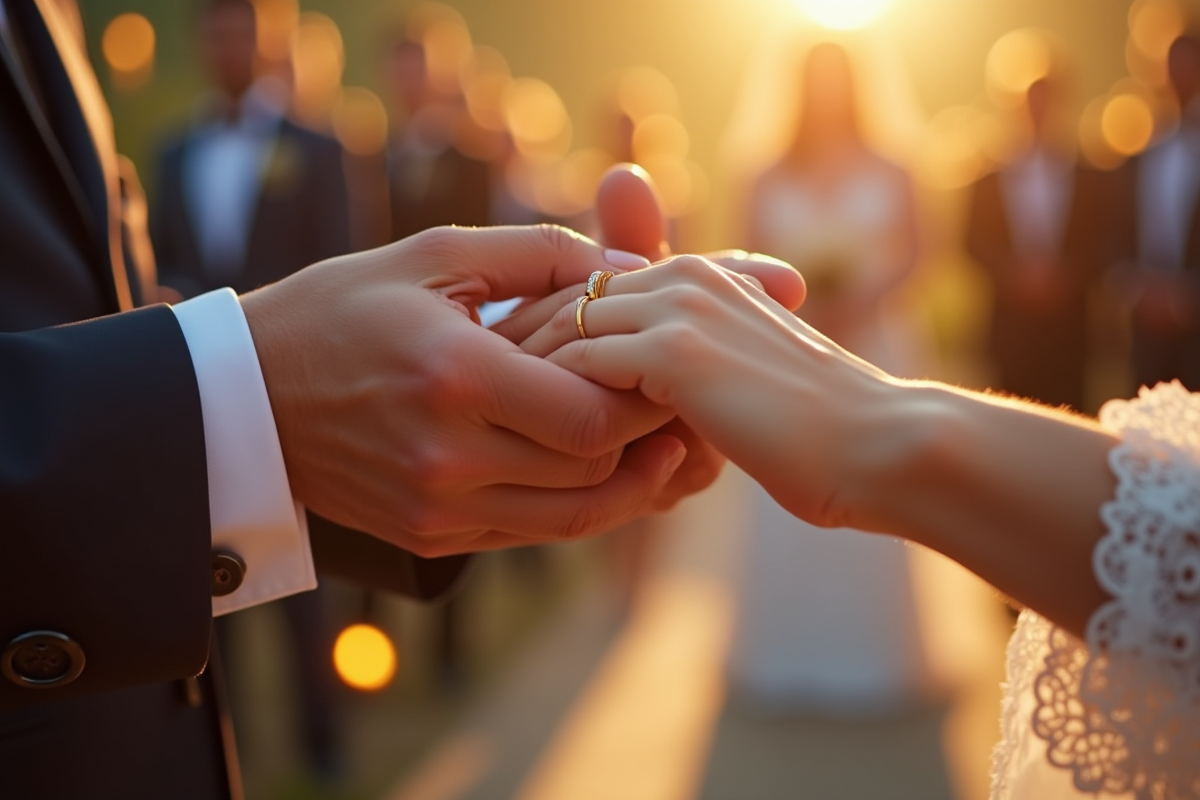 Geste d échange des bagues de mariage en lumière douce