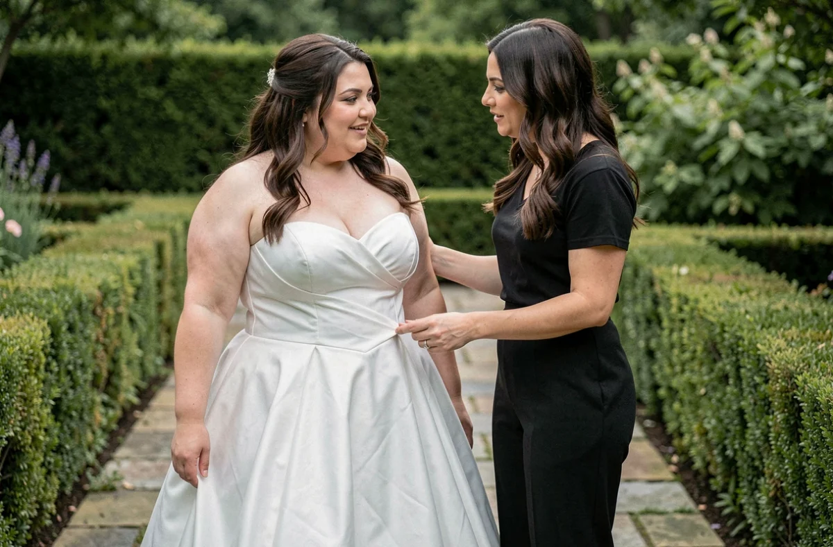 Styliste conseillant une femme ronde sur les erreurs de coupe d'une robe de mariée bustier dans un jardin