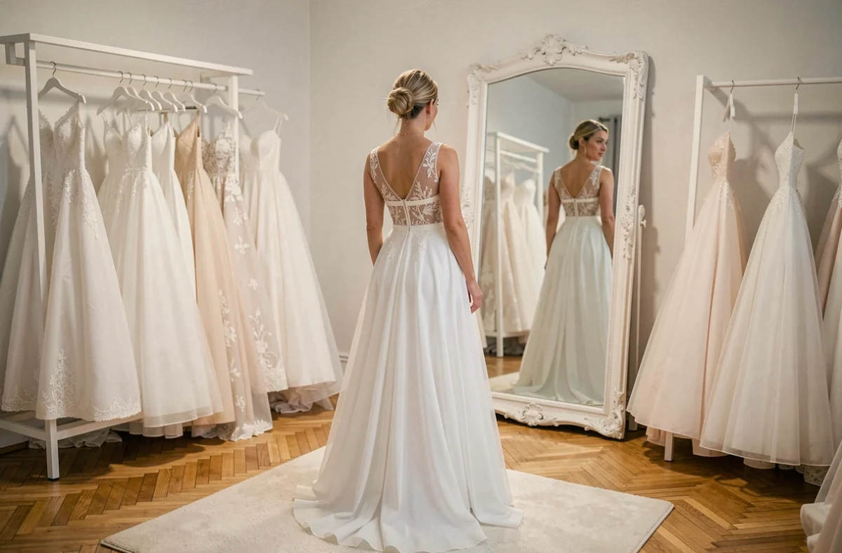 Femme essayant une robe de mariée dans une boutique de location à Strasbourg avec miroir et présentoirs