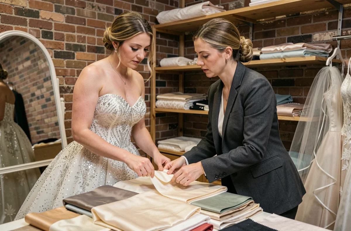 Essayage d'une robe de mariée princesse strass avec une consultante en boutique, ambiance authentique et détails de tissus