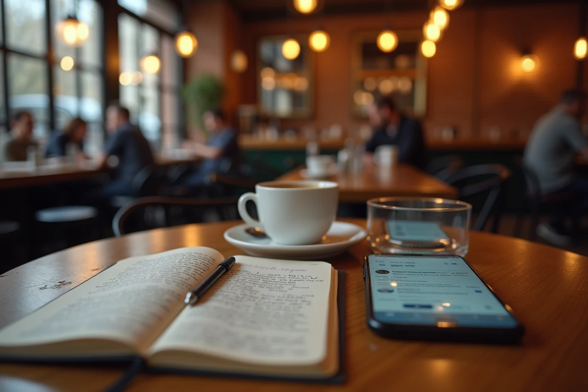 Smartphone et carnet de notes sur table de café parisien, symbolisant la vérification des rumeurs autour du mariage de Yoann Usai