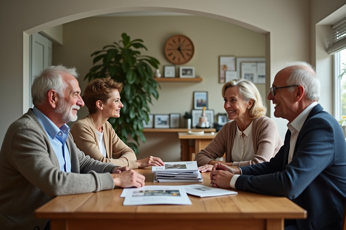 Famille discutant de brochures de voyage à table