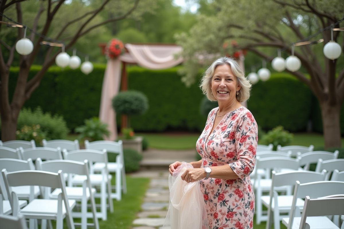 Femme arrangeant des chaises dans un jardin romantique
