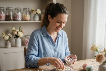 Femme souriante arrangeant dragées colorées sur une table