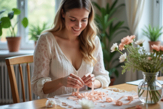 Femme souriante assemble des centrepieces de mariage faits main