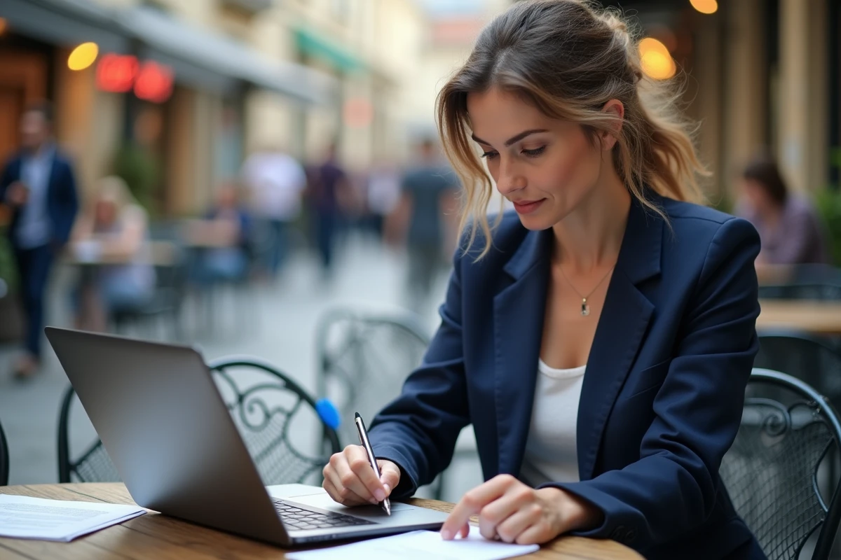 Femme vérifiant ses paiements sur un ordinateur en terrasse de café