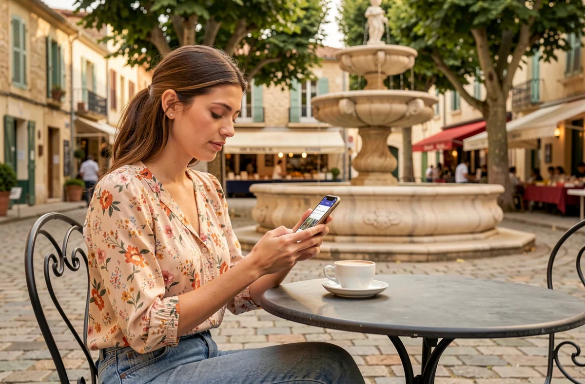 Jeune femme consultant des offres de photographes à Lunel depuis la terrasse d'un café en place publique