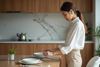 Femme en blanc arrangeant la vaisselle dans une cuisine moderne