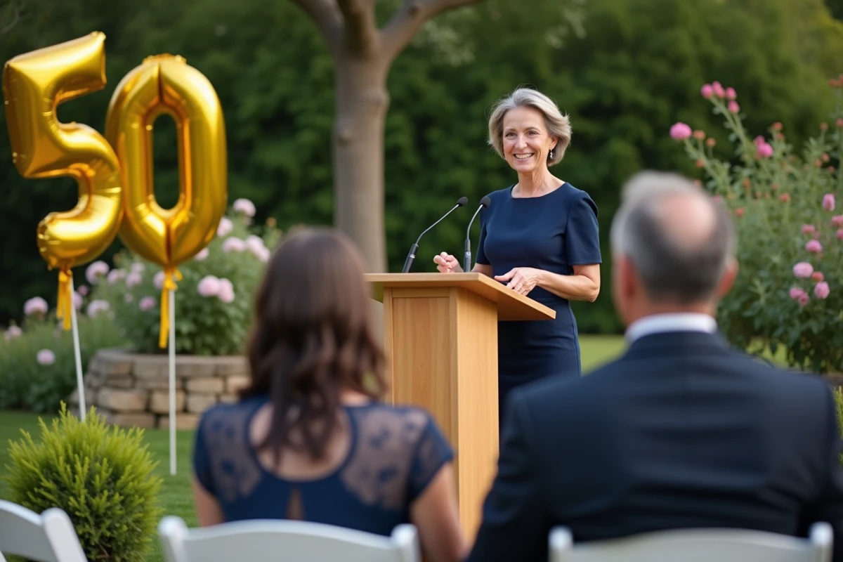 Femme en robe bleue donnant un discours lors d