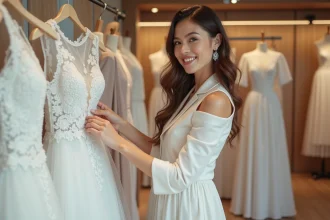 Femme souriante inspectant une robe de mariage dans une boutique élégante