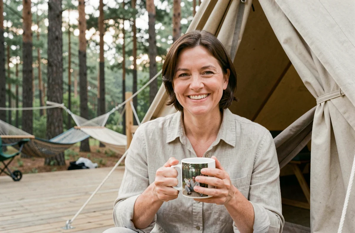 Femme tenant un gobelet personnalisé photo devant une tente de glamping en forêt, souriant lors de ses vacances