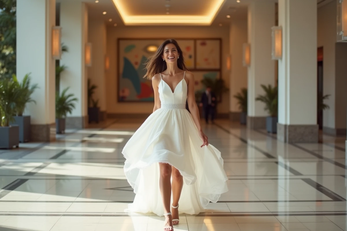 Femme confiante en robe de mariée moderne dans un hall urbain