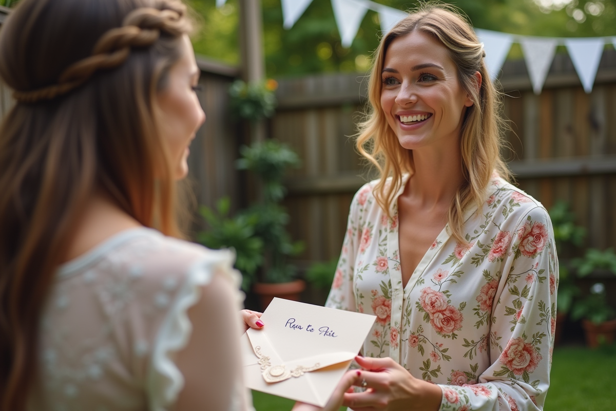 Femme donnant une invitation manuscrite à une amie dans un jardin