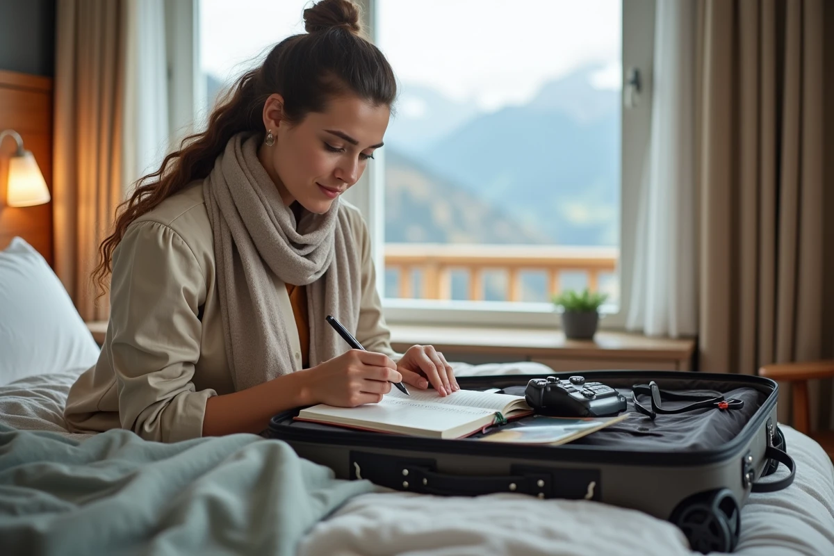 Femme préparant ses affaires pour un voyage dans une chambre lumineuse
