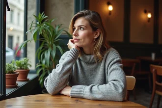 Femme pensive assise dans un café parisien, illustrant un article sur la vie personnelle de Jenifer