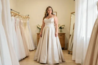 Femme ronde en robe de mariée coupe A dans une boutique de mariage devant un miroir
