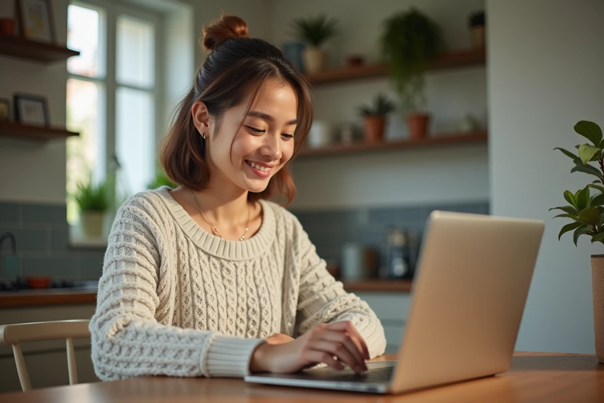 Jeune femme souriante tapant un message sur son ordinateur dans la cuisine