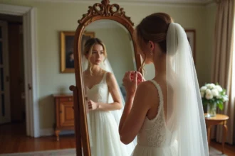 Femme en robe ivoire ajustant son voile dans un miroir