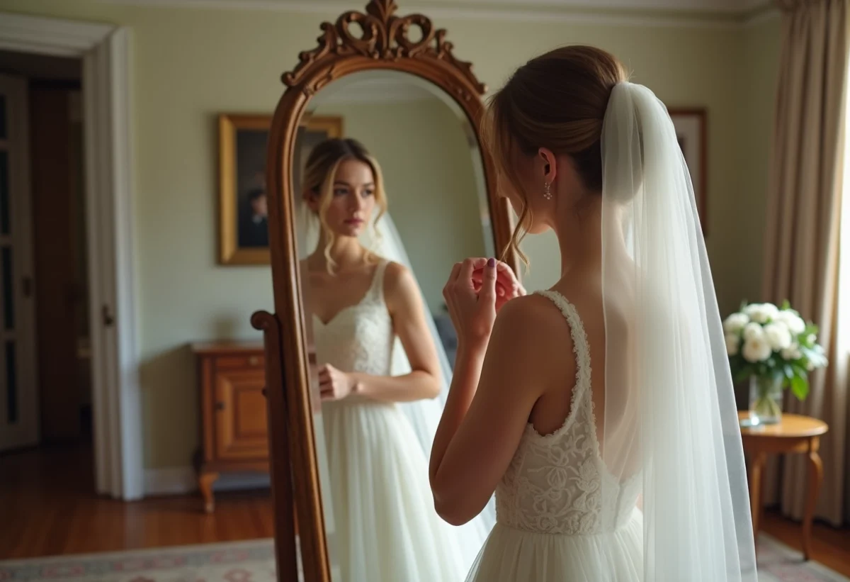 Femme en robe ivoire ajustant son voile dans un miroir