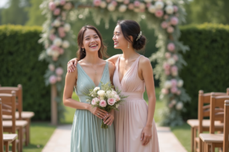 Deux femmes élégantes sourient lors d'un mariage en extérieur