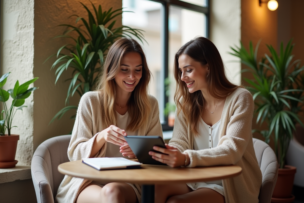 Deux femmes planifiant leur voyage dans un hôtel cosy