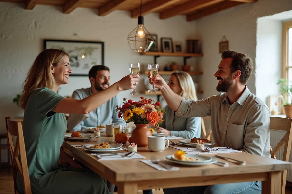 Petite réunion de famille pour célébrer 22 ans de mariage autour d'une table rustique décorée avec soin