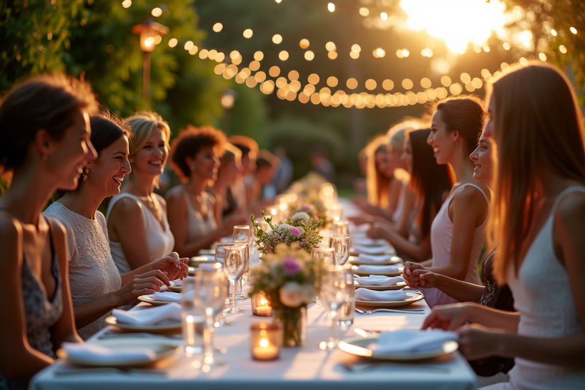 Fête en plein air avec tables décorées et invités heureux