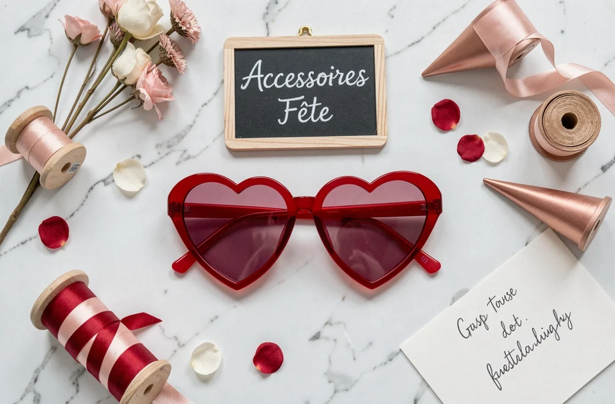 Flat lay d'accessoires de mariage avec lunettes coeur rouges et roses sur marbre blanc pour bar à props