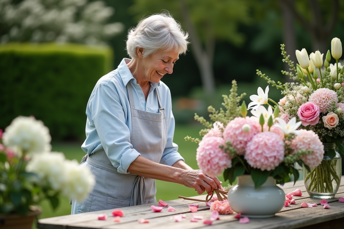 Fleuriste arrangeant fleurs de mariage dans un jardin