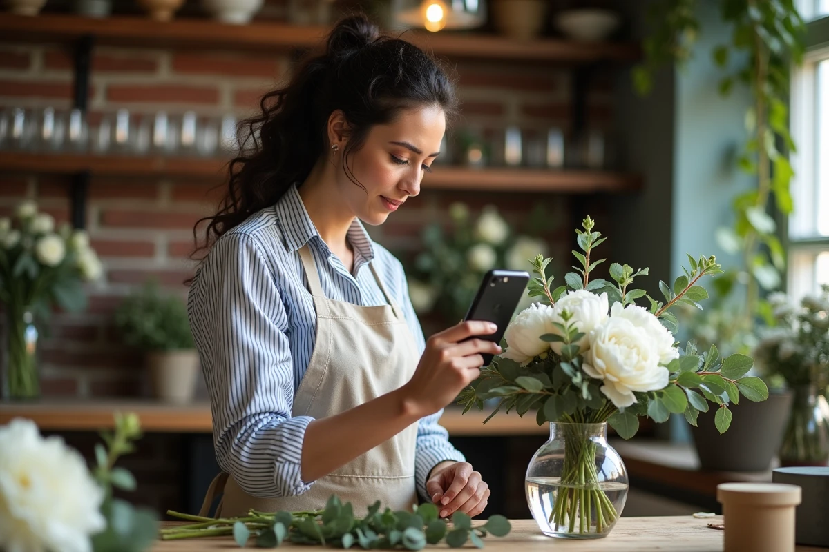 Fleuriste consultant une plateforme de gestion de mariage sur son smartphone dans sa boutique