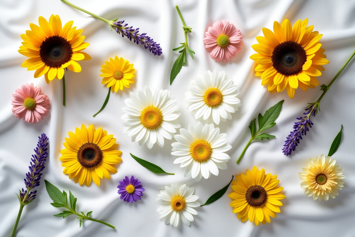 Disposition de fleurs fraîches sur tissu blanc avec soleil doux