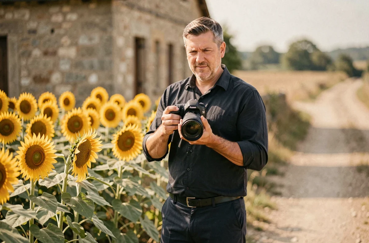 Franck Petit, photographe de mariage à Agen, tenant son appareil photo devant un champ de tournesols en Lot-et-Garonne
