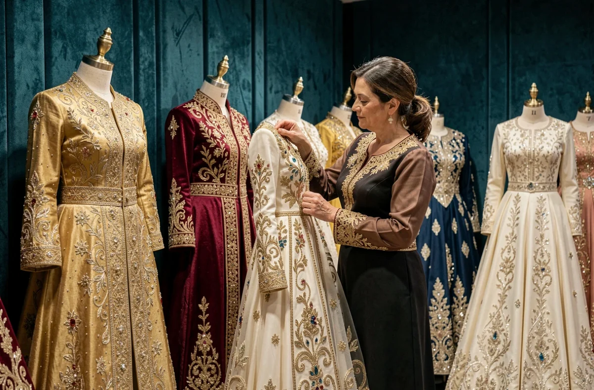 Robe de cérémonie orientale brodée exposée dans la boutique Galaxy Couture, avec détails dorés et décoration somptueuse